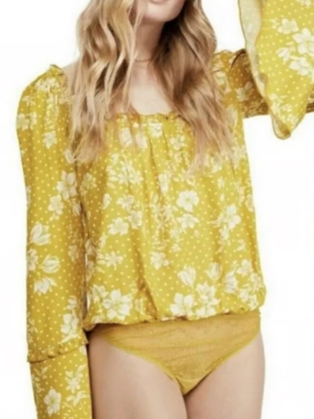 Free People One On One Date Marigold Combo Bell Sleeve Bodysuit